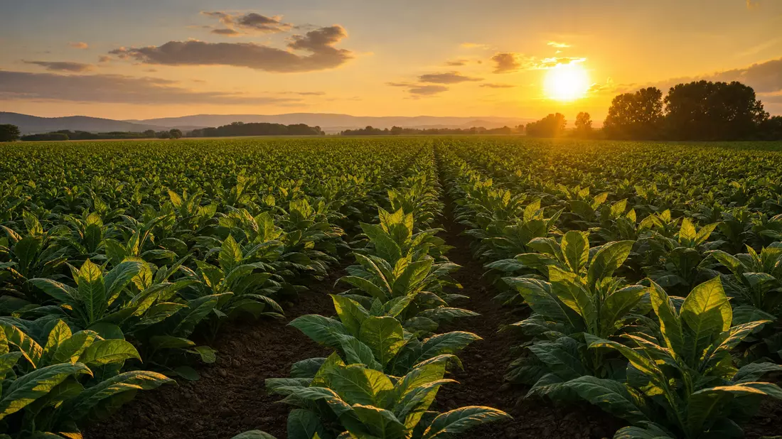 Virginia-Tabakfeld bei Sonnenuntergang, weitläufige Reihen grüner Tabakpflanzen