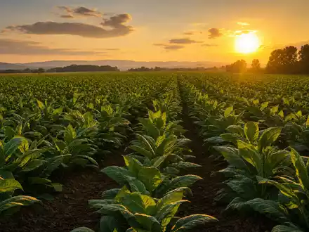 Altria Group Inc. US02209S1033 – weites Virginia-Tabakfeld im goldenen Sonnenuntergangslicht, fotorealistisch aufgenommen - Foto: THN