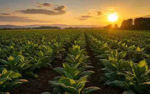 Altria Group Inc. US02209S1033 – weites Virginia-Tabakfeld im goldenen Sonnenuntergangslicht, fotorealistisch aufgenommen - Foto: THN