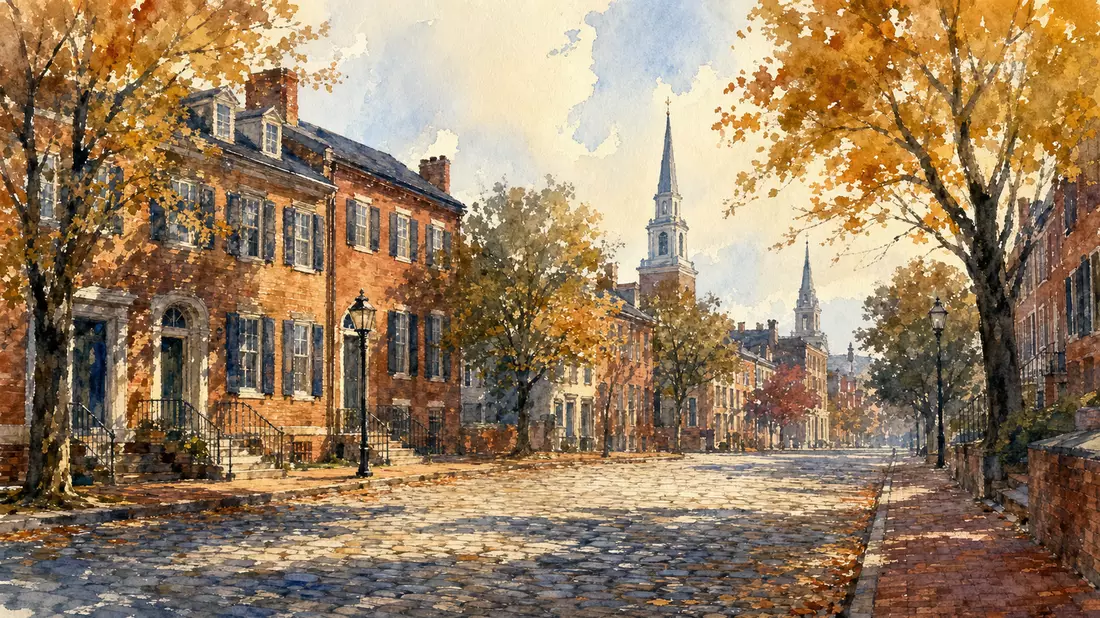 Aquarellmalerei: Herbstliche Altstadt Richmond mit Kopfsteinpflaster und Kirchturm
