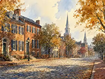 Altria Group Inc. US02209S1033 – Aquarell-Illustration der historischen Altstadt von Richmond Virginia im Herbst - Foto: THN