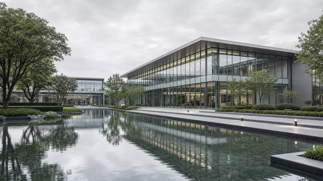 Architektur-Render: Modernes Glasgebäude mit Spiegelteich und Grünanlage