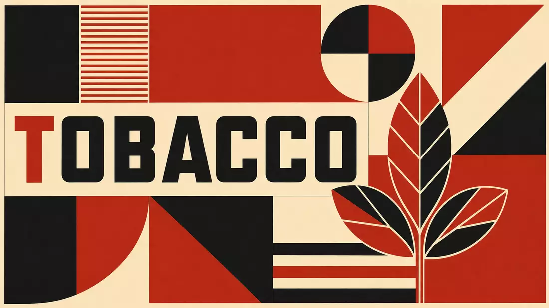 Bauhaus-Poster: TOBACCO-Schriftzug mit geometrischen Formen in Rot, Schwarz, Creme