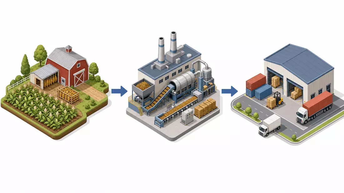 Isometrische Illustration: Tabak-Lieferkette – Farm, Fabrik und Lager