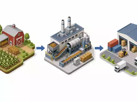 Altria Group Inc. US02209S1033 – Isometrische 3D-Grafik der Tabak-Lieferkette von Anbau über Verarbeitung bis Handel - Foto: THN