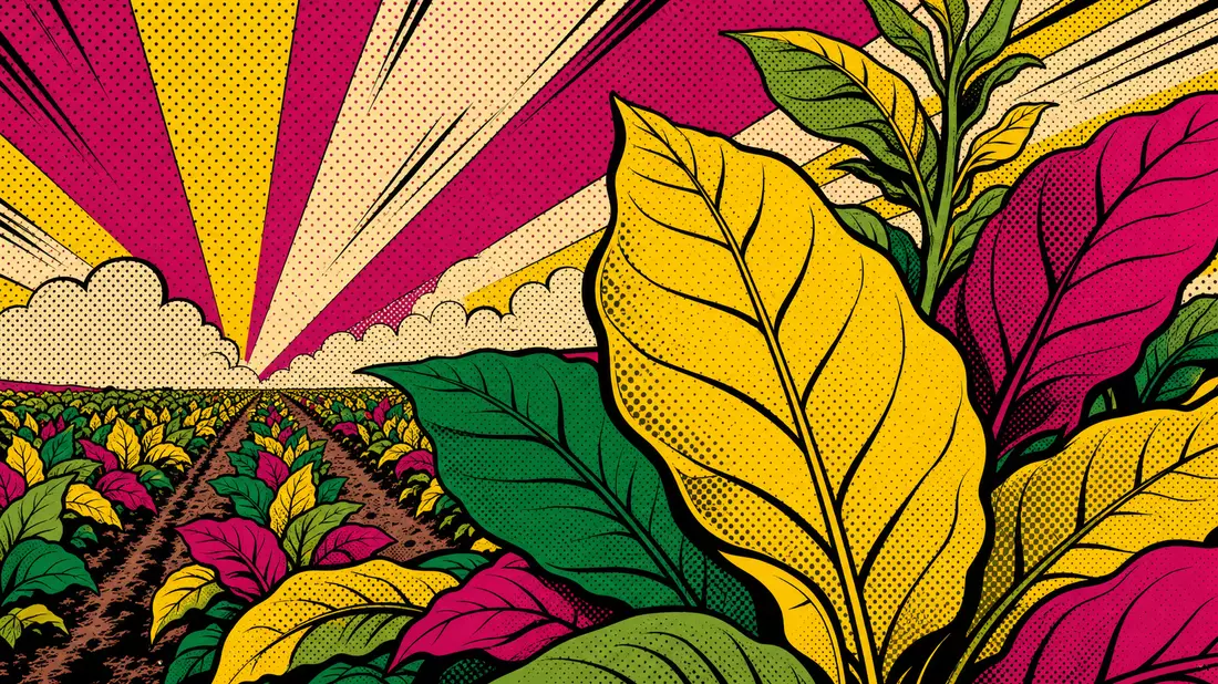 Pop-Art-Comic: Stilisierte Tabakblätter und Felder in kräftigen Primärfarben