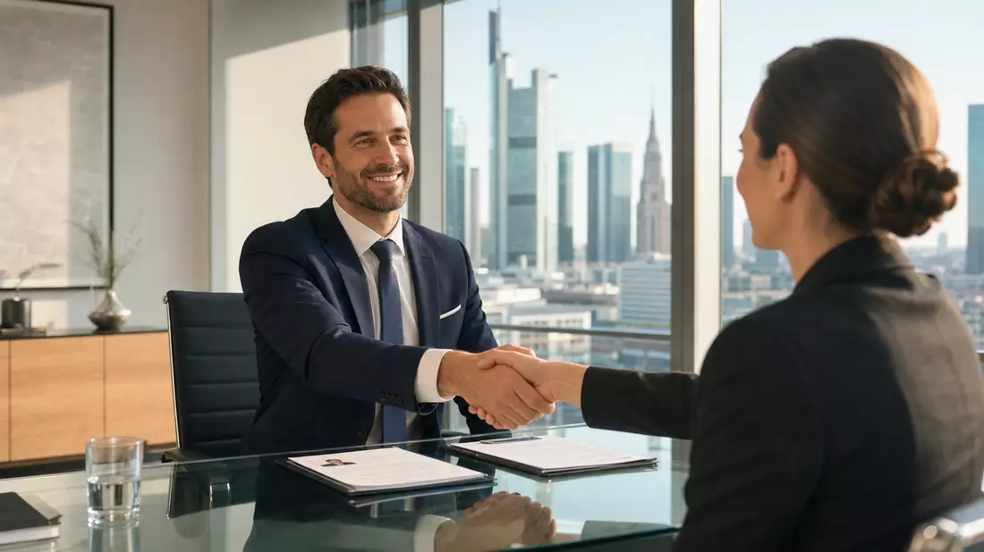 Professionelles Job-Interview bei Amadeus FiRe AG DE0005093108, Personalvermittler und Bewerberin schütteln Hände am Glasschreibtisch mit Frankfurter Skyline