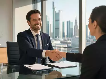 Amadeus FiRe AG DE0005093108 Personalberatung: fotorealistische Büro-Interview-Szene mit Händedruck und Frankfurt-Skyline im Hintergrund - Foto: THN