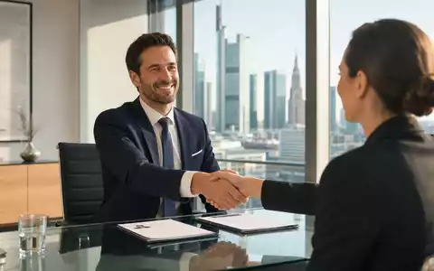 Amadeus FiRe AG DE0005093108 Personalberatung: fotorealistische Büro-Interview-Szene mit Händedruck und Frankfurt-Skyline im Hintergrund - Foto: THN