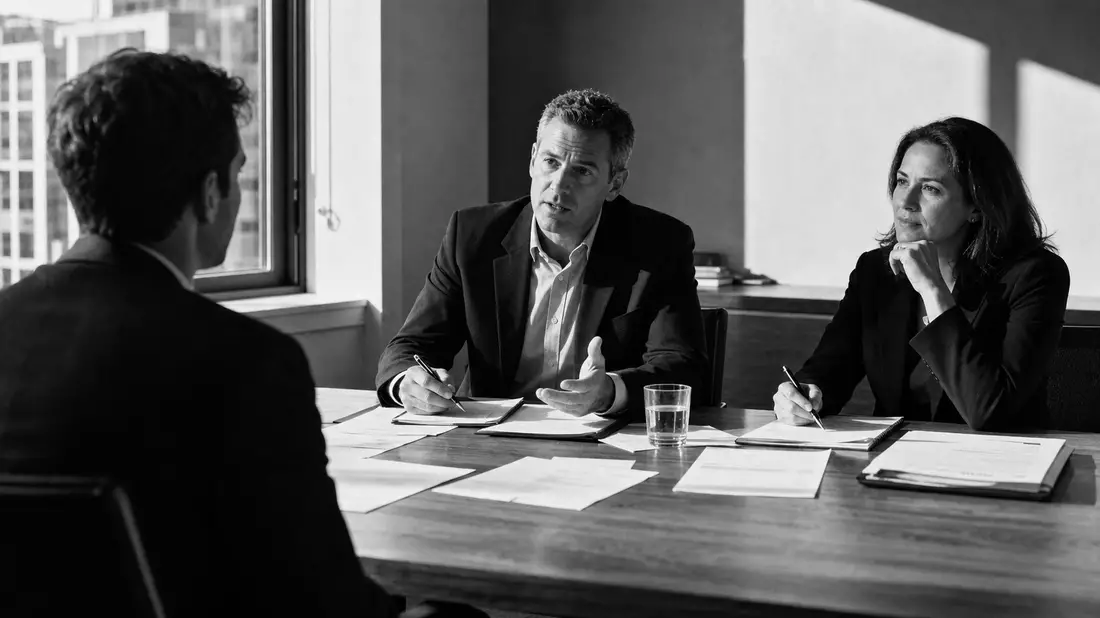 Schwarz-Weiß-Reportagefoto: Bewerbungsgespräch bei Amadeus FiRe AG DE0005093108 mit drei Personen am Konferenztisch