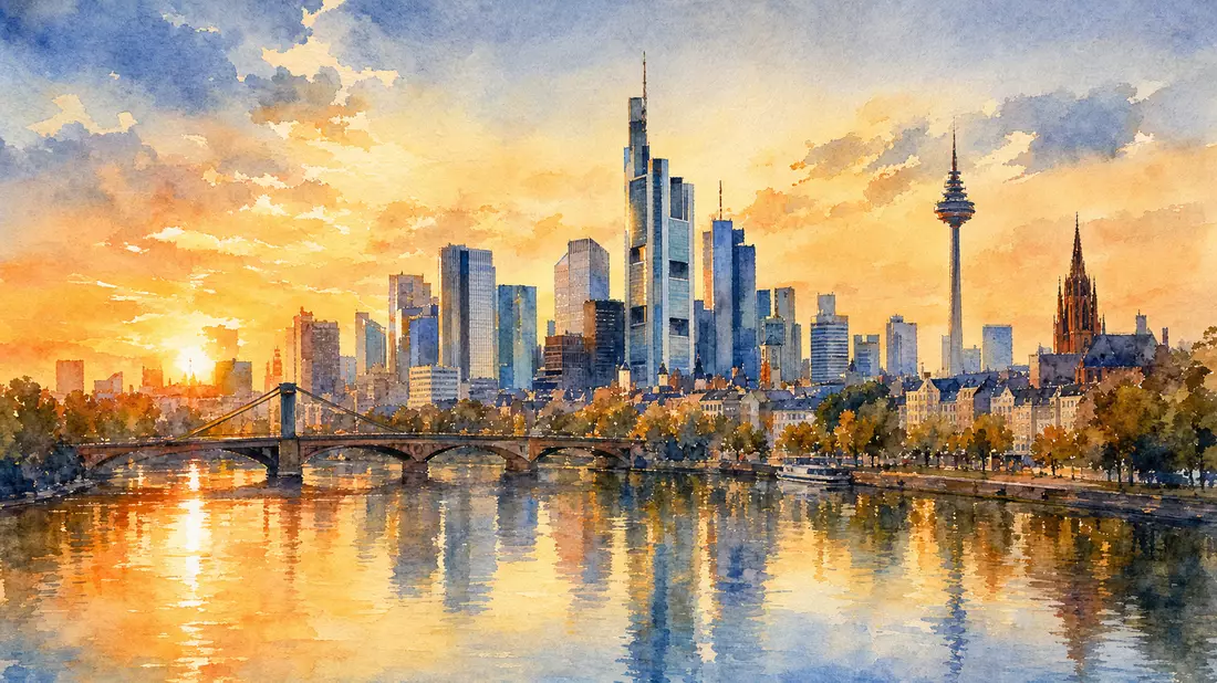 Aquarell-Panorama der Frankfurter Skyline mit Main-Brücke bei Sonnenuntergang, Standortbild Amadeus FiRe AG DE0005093108