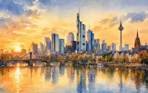 Amadeus FiRe AG DE0005093108 Standort Frankfurt: impressionistisches Aquarell der Frankfurter Skyline mit Main-Reflexionen bei Sonnenuntergang - Foto: THN