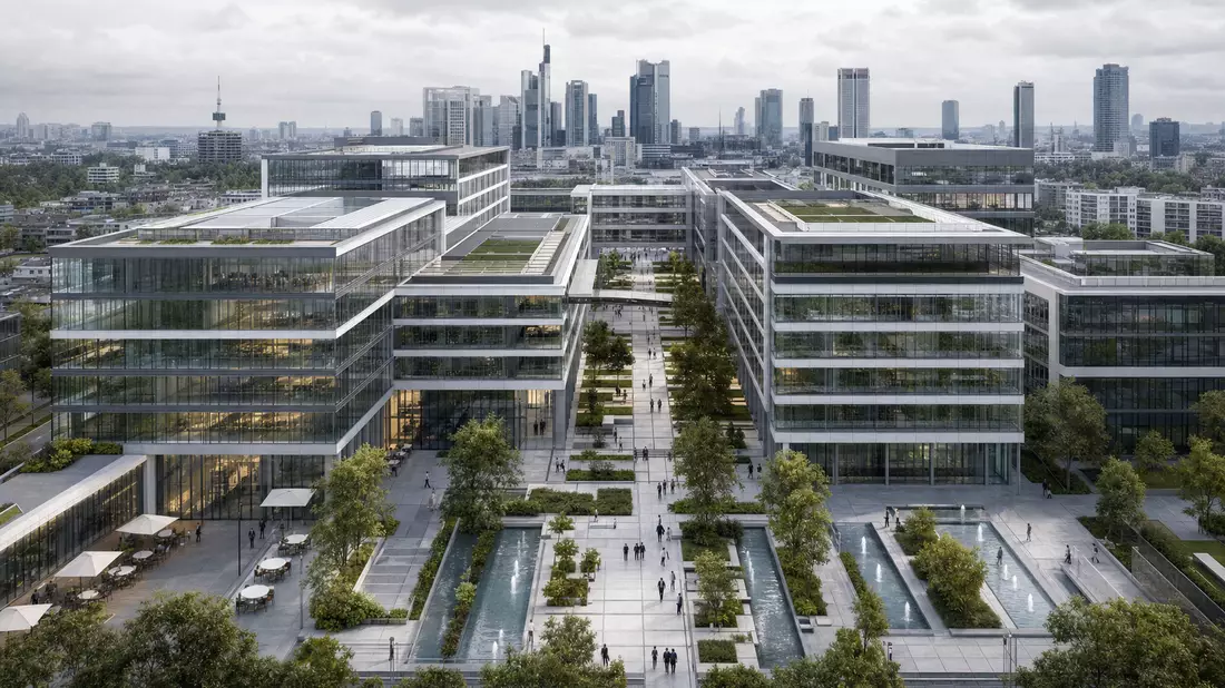 CGI-Architekturrender: moderner Bürocampus mit Glasfassaden und Grünanlagen in Frankfurt, Amadeus FiRe AG DE0005093108