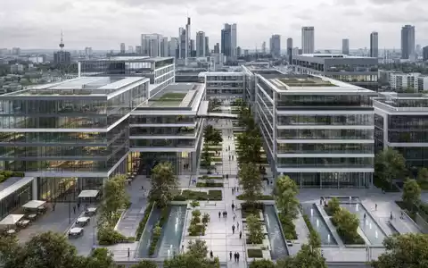 Amadeus FiRe AG DE0005093108 Unternehmensstandort: fotorealistisches CGI-Rendering eines modernen Bürocampus in Frankfurt mit Glas-Stahl-Fassaden - Foto: THN