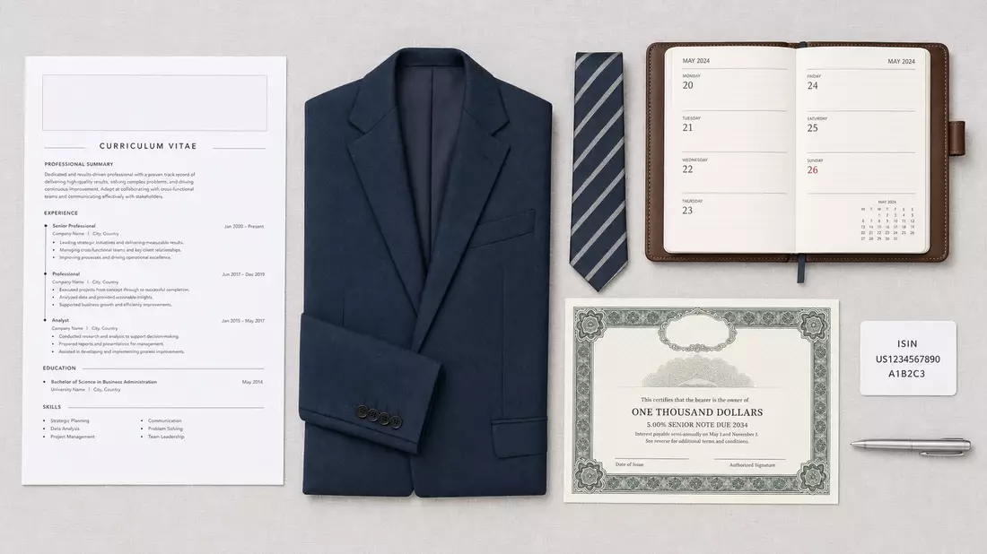 Overhead-Flatlay für Amadeus FiRe AG DE0005093108: Curriculum Vitae, Anzug, Krawatte, Kalender, Wertpapierzertifikat und ISIN-Karte auf grauem Leinen