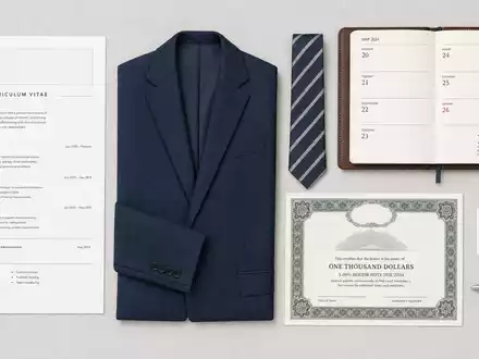 Amadeus FiRe AG DE0005093108 Recruiting-Symbole: Flatlay mit Lebenslauf, Anzug, Krawatte, Terminkalender, Aktien-Zertifikat und ISIN-Karte - Foto: THN