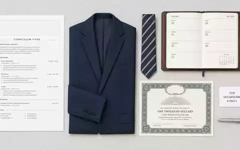 Amadeus FiRe AG DE0005093108 Recruiting-Symbole: Flatlay mit Lebenslauf, Anzug, Krawatte, Terminkalender, Aktien-Zertifikat und ISIN-Karte - Foto: THN