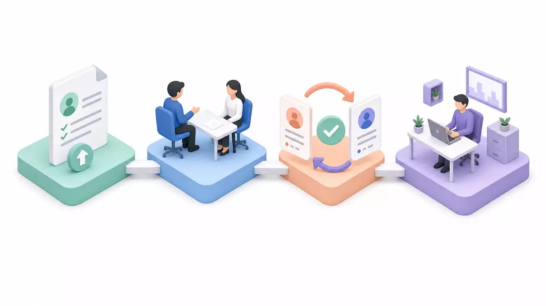 Isometrische 3D-Infografik des Recruiting-Prozesses bei Amadeus FiRe AG DE0005093108: vier Stufen von Bewerbung bis Onboarding