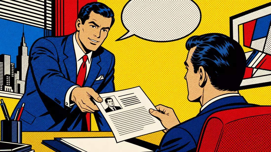 Pop-Art-Comic im Lichtenstein-Stil: Bewerber überreicht Lebenslauf im Büro, stilisierte Darstellung Amadeus FiRe AG DE0005093108
