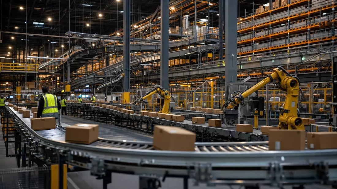 Amazon.com Inc. US0231351067 photorealistic logistics center interior with conveyor belts and robotic sorting arms