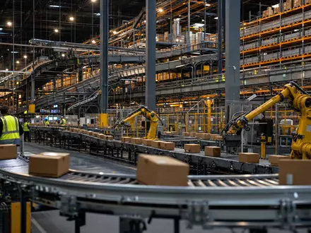 Amazon.com Inc. (US0231351067) fulfillment center conveyor belts with robotic arms sorting packages - Foto: THN