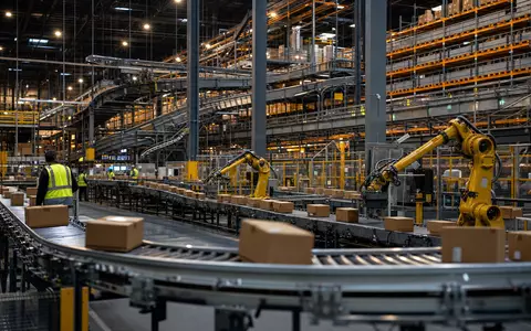 Amazon.com Inc. (US0231351067) fulfillment center conveyor belts with robotic arms sorting packages - Foto: THN