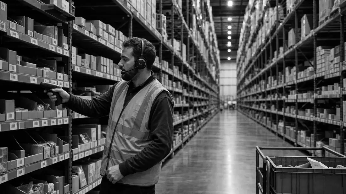 Amazon.com Inc. US0231351067 black and white reportage warehouse worker with scanner in high-bay shelving