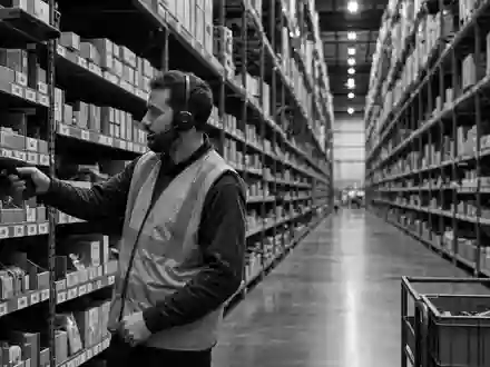 Amazon.com Inc. (US0231351067) black-and-white warehouse reportage of order picker scanning storage shelves - Foto: THN
