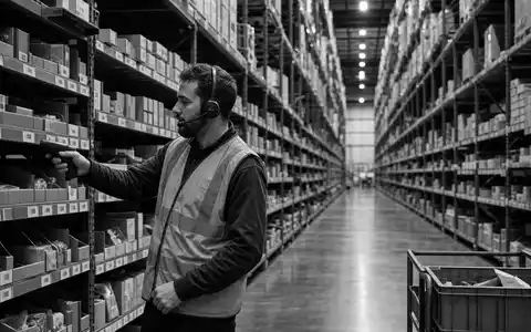 Amazon.com Inc. (US0231351067) black-and-white warehouse reportage of order picker scanning storage shelves - Foto: THN