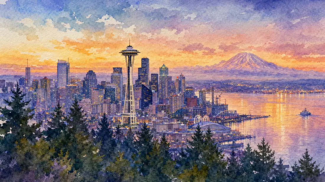 Amazon.com Inc. US0231351067 watercolor painting Seattle skyline Space Needle Mount Rainier sunset