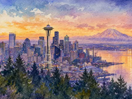Amazon.com Inc. (US0231351067) Seattle skyline watercolor with Space Needle and Mount Rainier - Foto: THN