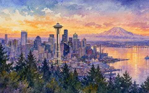 Amazon.com Inc. (US0231351067) Seattle skyline watercolor with Space Needle and Mount Rainier - Foto: THN