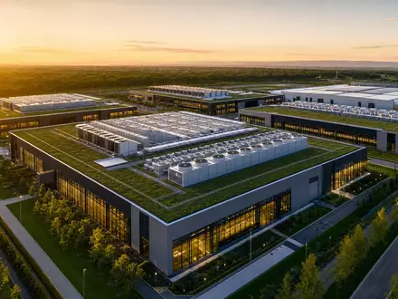 Amazon.com Inc. (US0231351067) modern cloud computing data center campus with green roofs and aerial view - Foto: THN
