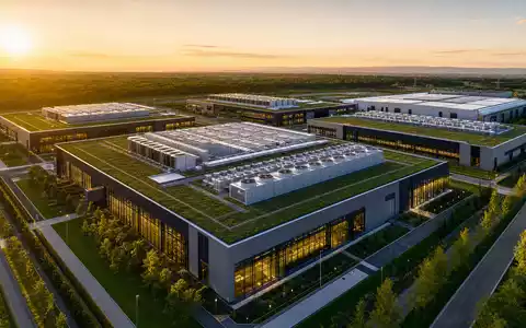 Amazon.com Inc. (US0231351067) modern cloud computing data center campus with green roofs and aerial view - Foto: THN