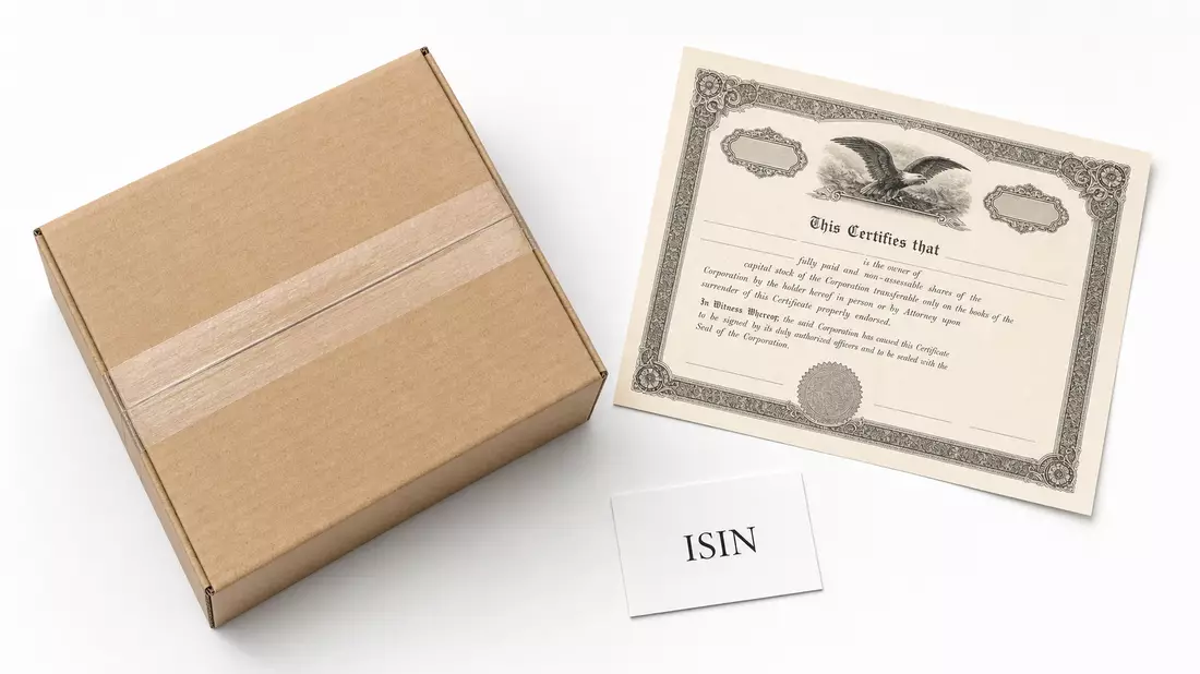 Amazon.com Inc. US0231351067 flatlay brown shipping box stock certificate ISIN card white background