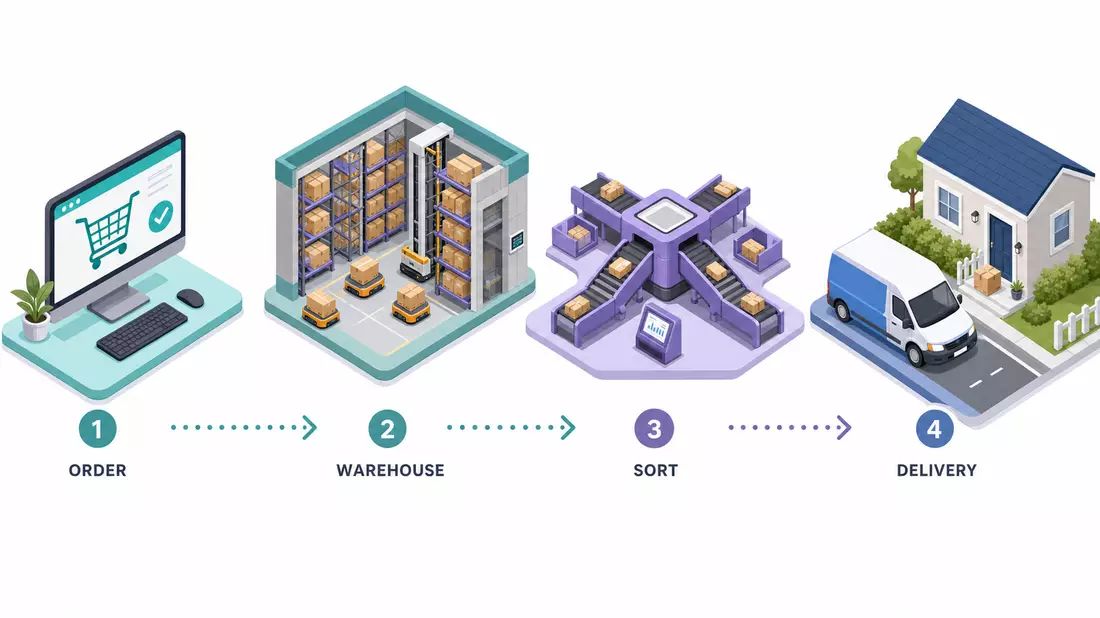 Amazon.com Inc. US0231351067 isometric 3D e-commerce logistics chain Order Warehouse Sort Delivery