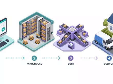 Amazon.com Inc. (US0231351067) isometric 3D logistics flow Order Warehouse Sort Delivery stages - Foto: THN