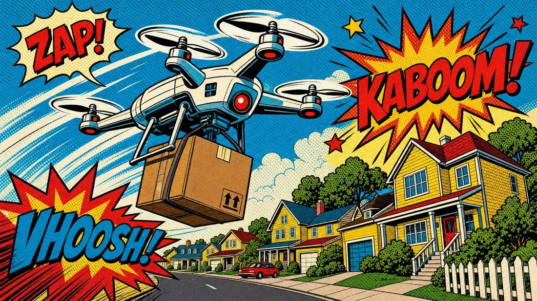 Amazon.com Inc. US0231351067 pop art comic drone delivering parcel over yellow suburban neighborhood halftone