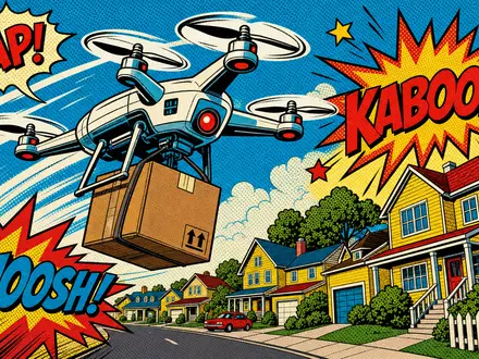 Amazon.com Inc. (US0231351067) pop-art comic book drone delivering brown parcel over bright suburban neighborhood - Foto: THN