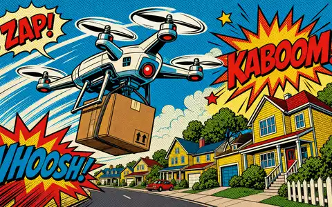Amazon.com Inc. (US0231351067) pop-art comic book drone delivering brown parcel over bright suburban neighborhood - Foto: THN