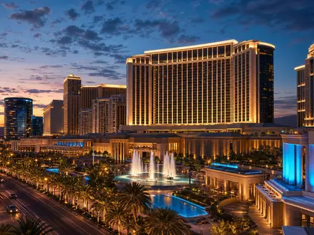 Fotorealistische Dämmerungsansicht eines Resortkomplexes symbolisiert Las Vegas Sands mit ISIN US51669R1077 börsennotiert - Foto: THN
