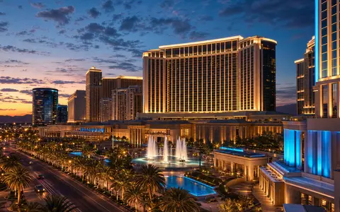 Fotorealistische Dämmerungsansicht eines Resortkomplexes symbolisiert Las Vegas Sands mit ISIN US51669R1077 börsennotiert - Foto: THN
