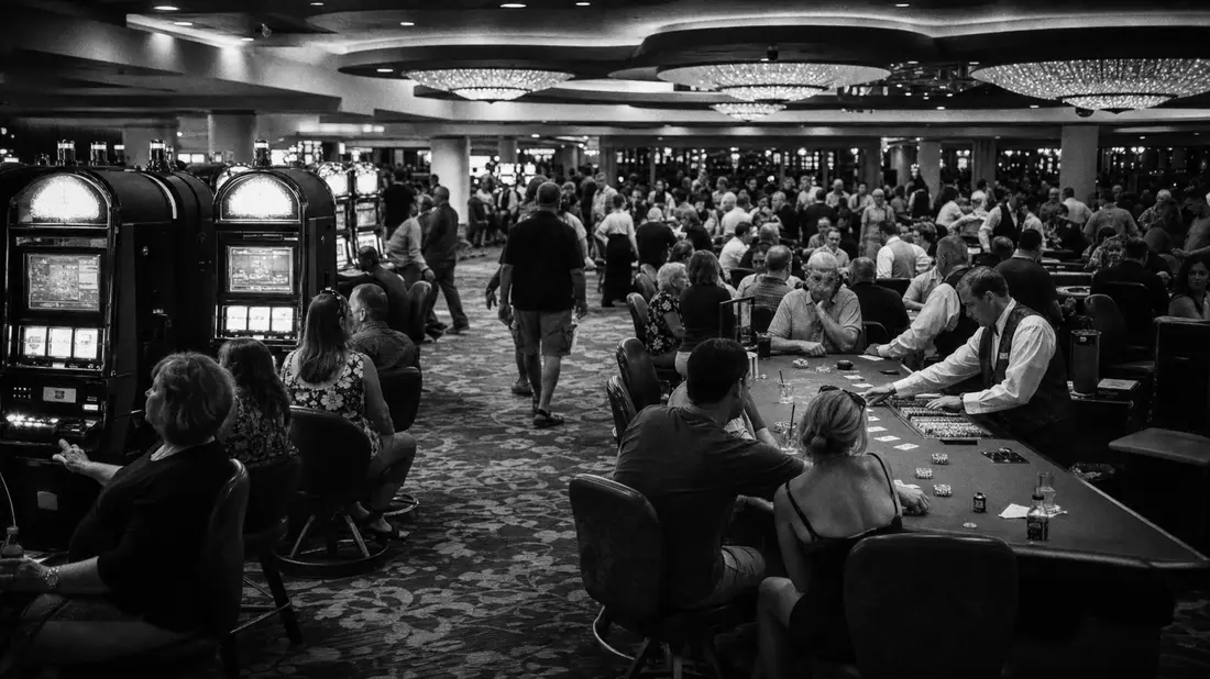 Dokumentarische Schwarzweißaufnahme einer belebten Casino-Spielfläche mit Gästen und Personal
