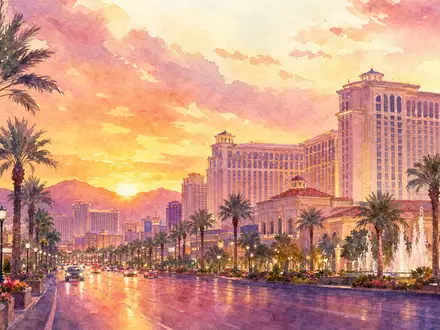 Aquarellmalerei einer Wüstenresort-Skyline repräsentiert die Aktie Las Vegas Sands mit der ISIN US51669R1077 künstlerisch - Foto: THN