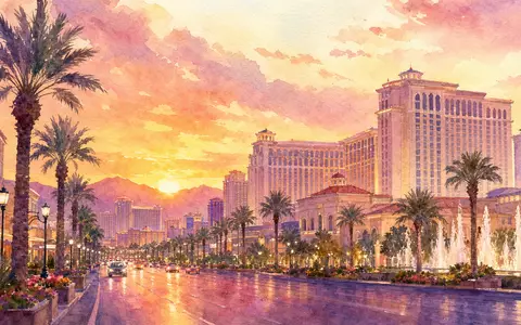 Aquarellmalerei einer Wüstenresort-Skyline repräsentiert die Aktie Las Vegas Sands mit der ISIN US51669R1077 künstlerisch - Foto: THN