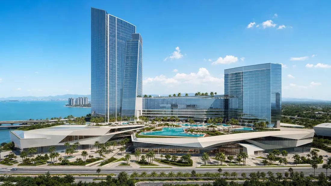 Modernes gläsernes Hochhaus-Resort mit Poolanlage in klarer 3D-Architekturvisualisierung