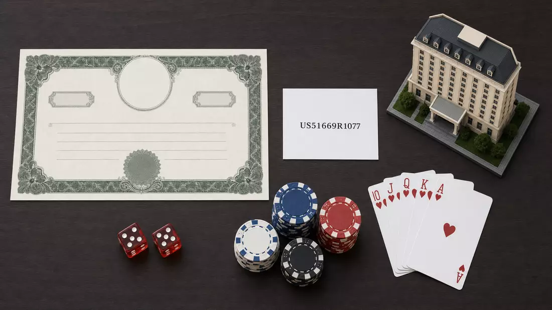 Draufsicht auf Aktienzertifikat, ISIN-Karte, Pokerchips, Würfel und Hotelmodell auf dunklem Holz