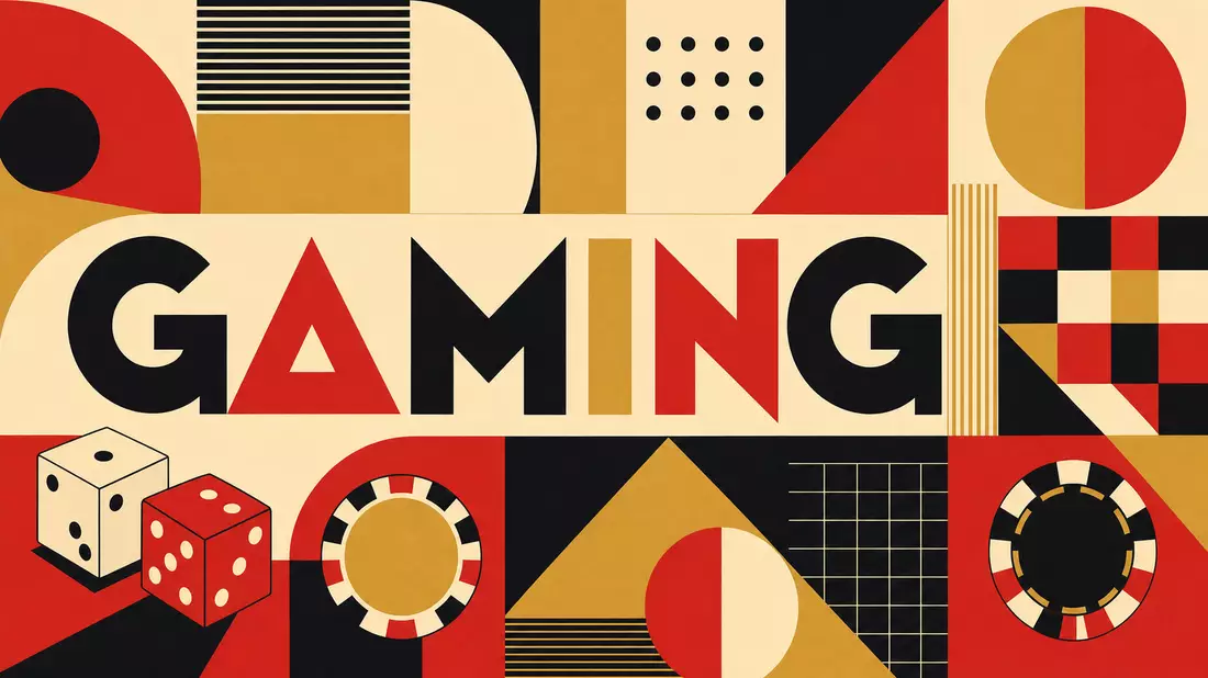 Buntes geometrisches Bauhaus-Poster mit Schriftzug GAMING und stilisierten Würfeln und Chips