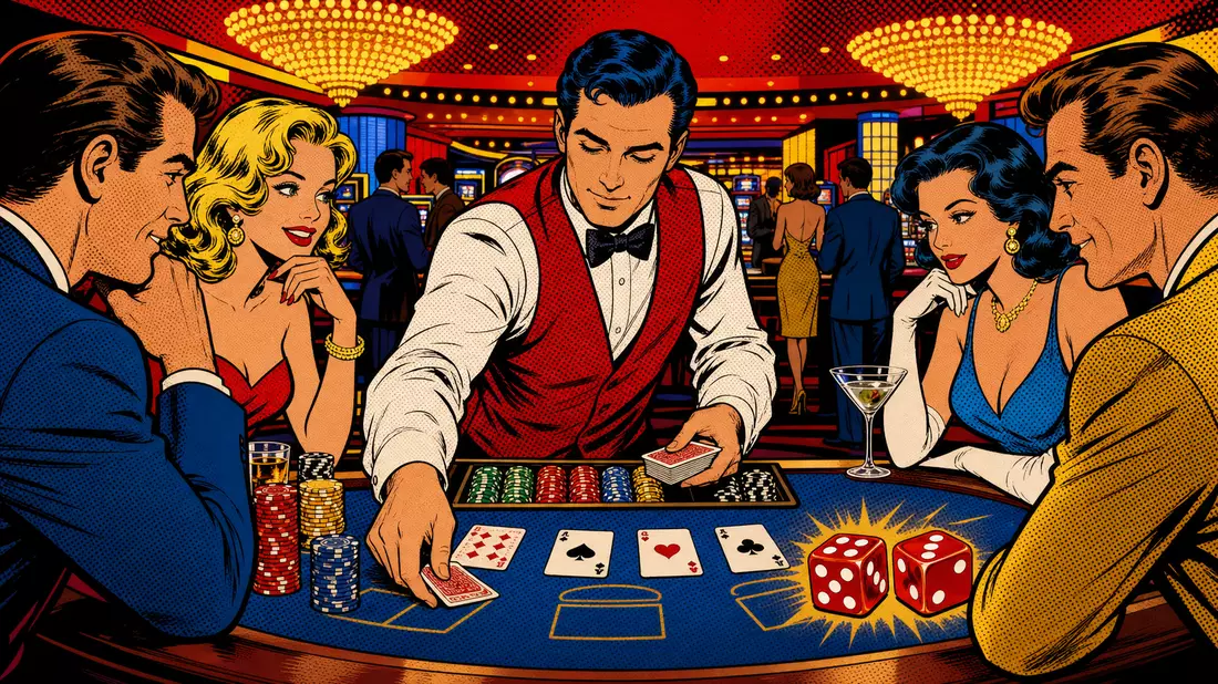 Bunte Pop-Art-Comicillustration eines Croupiers beim Kartengeben in einem Casino bei Nacht