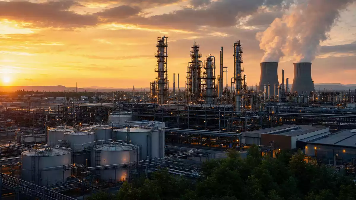 Chemieanlage mit Destillationstürmen und Kühltürmen bei Sonnenuntergang